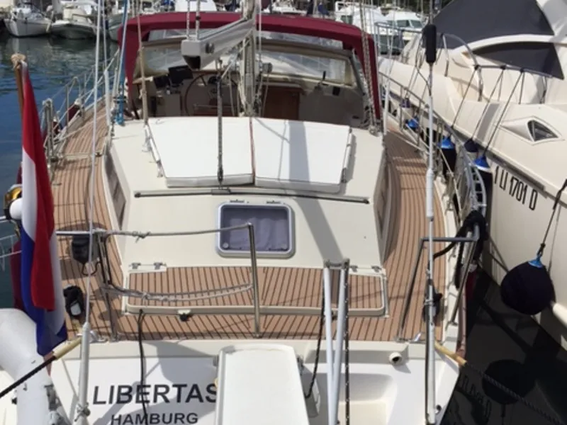 Exterior view of Libertas, a Amel Supermaramu sailboat at Piombino, Italy