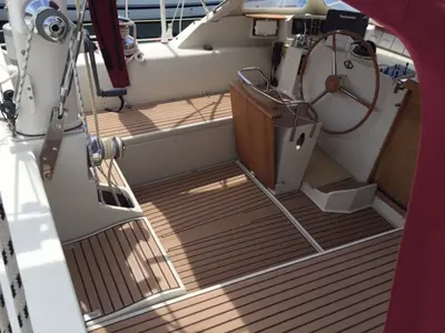 Cockpit of Libertas, a Amel Supermaramu sailboat at Piombino, Italy