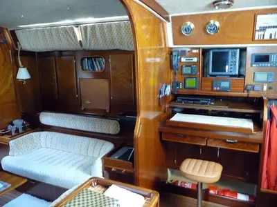 Salon of Libertas, a Amel Supermaramu sailboat at Piombino, Italy