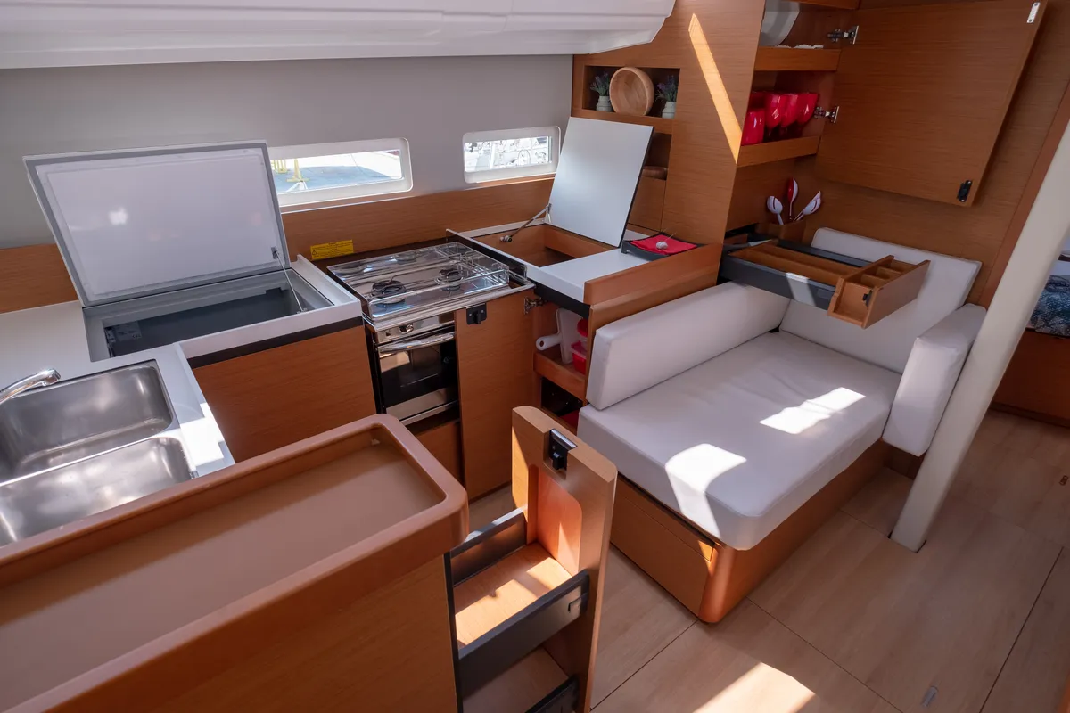Cockpit of Sammy, a Jeanneau Sun Odyssey 410 sailboat at Municipal Unit of Lefkada, Greece