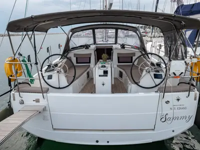 Cockpit of Sammy, a Jeanneau Sun Odyssey 410 sailboat at Municipal Unit of Lefkada, Greece
