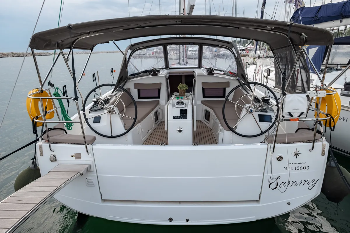 Cockpit of Sammy, a Jeanneau Sun Odyssey 410 sailboat at Municipal Unit of Lefkada, Greece