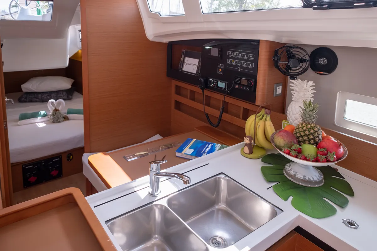 Cockpit of Sammy, a Jeanneau Sun Odyssey 410 sailboat at Municipal Unit of Lefkada, Greece