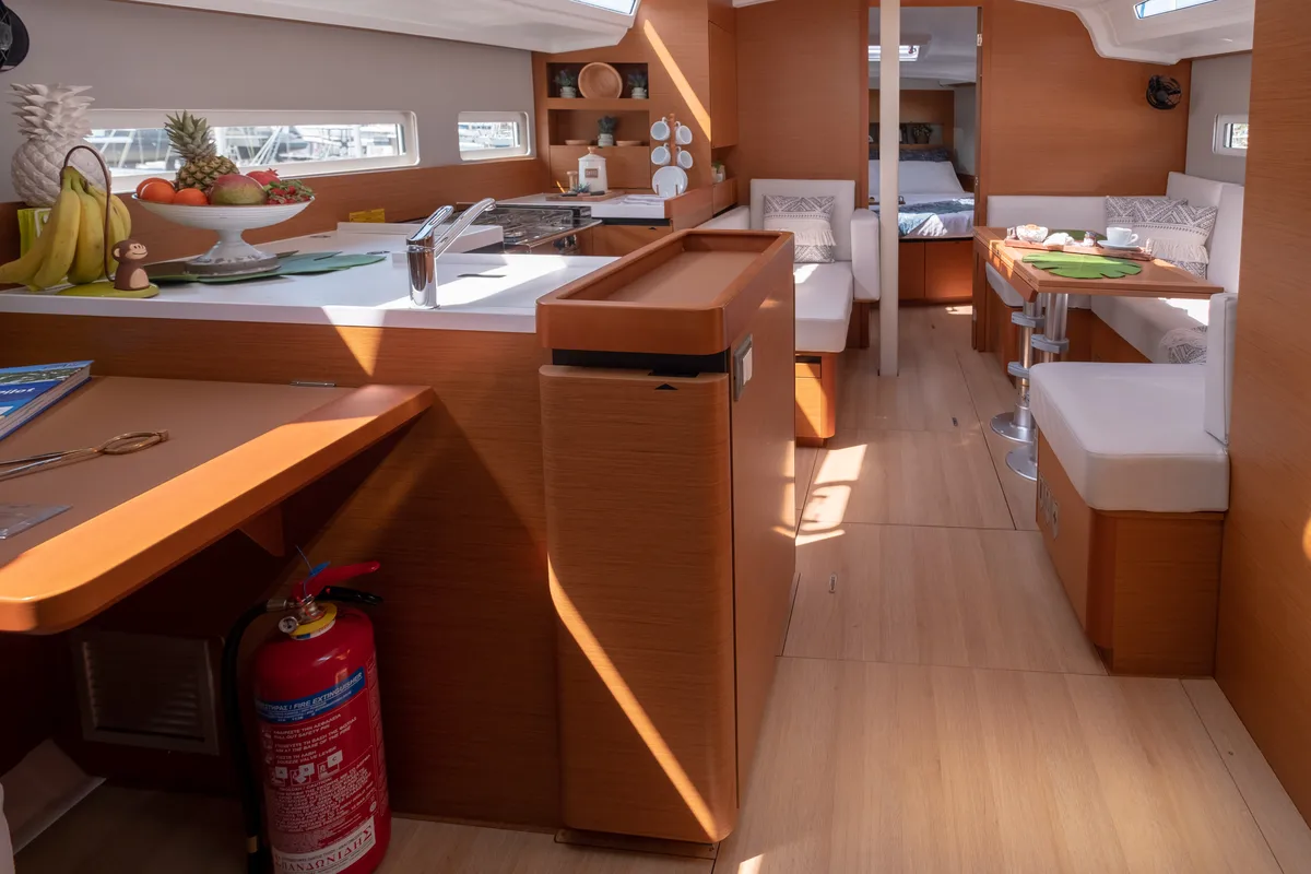 Deck of Sammy, a Jeanneau Sun Odyssey 410 sailboat at Municipal Unit of Lefkada, Greece
