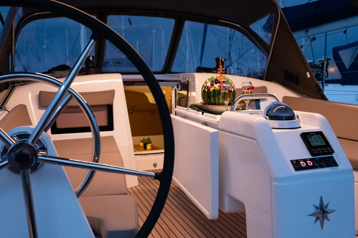 Head on Sammy, a Jeanneau Sun Odyssey 410 sailboat at Municipal Unit of Lefkada, Greece