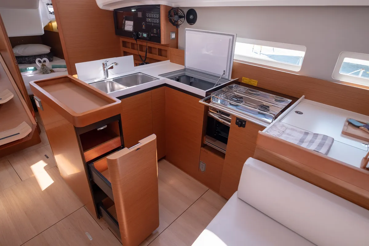 Galley of Sammy, a Jeanneau Sun Odyssey 410 sailboat at Municipal Unit of Lefkada, Greece