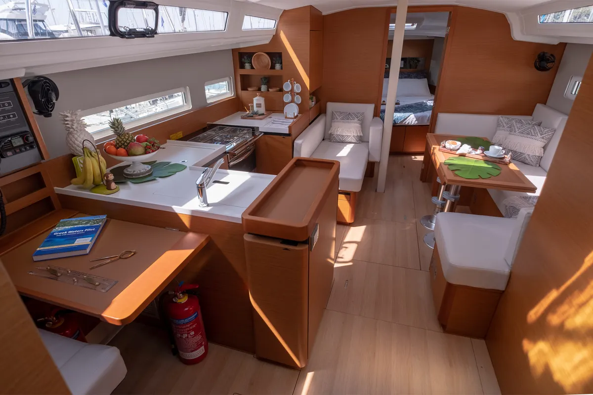 Salon of Sammy, a Jeanneau Sun Odyssey 410 sailboat at Municipal Unit of Lefkada, Greece