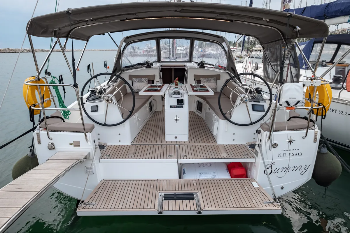Exterior view of Sammy, a Jeanneau Sun Odyssey 410 sailboat at Municipal Unit of Lefkada, Greece