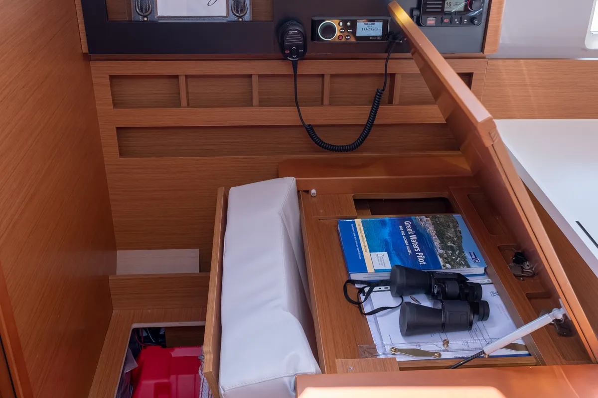 Cockpit of Sammy, a Jeanneau Sun Odyssey 410 sailboat at Municipal Unit of Lefkada, Greece