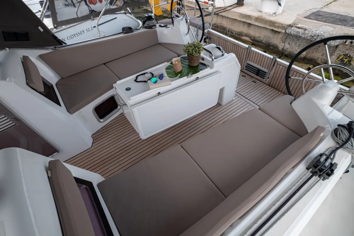Deck of Sammy, a Jeanneau Sun Odyssey 410 sailboat at Municipal Unit of Lefkada, Greece