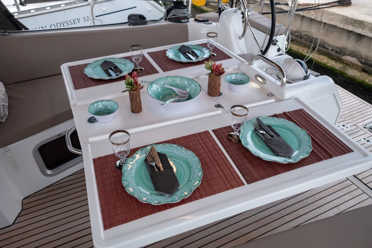 Deck of Sammy, a Jeanneau Sun Odyssey 410 sailboat at Municipal Unit of Lefkada, Greece