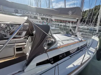 Deck of Tequila Sunrise, a Jeanneau Sun Odyssey 389 sailboat at Skradin, Croatia
