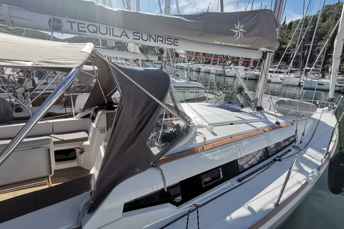 Deck of Tequila Sunrise, a Jeanneau Sun Odyssey 389 sailboat at Skradin, Croatia