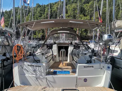 Cockpit of Tequila Sunrise, a Jeanneau Sun Odyssey 389 sailboat at Skradin, Croatia