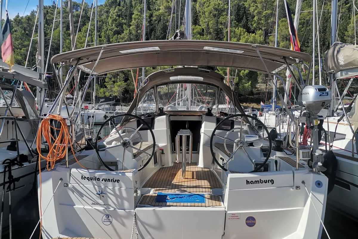 Cockpit of Tequila Sunrise, a Jeanneau Sun Odyssey 389 sailboat at Skradin, Croatia