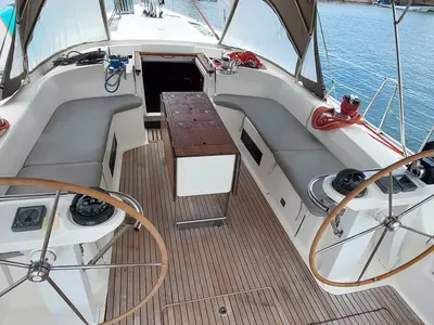 Cockpit of Little Secret, a Bavaria 55 Cruiser sailboat at Athens, Greece
