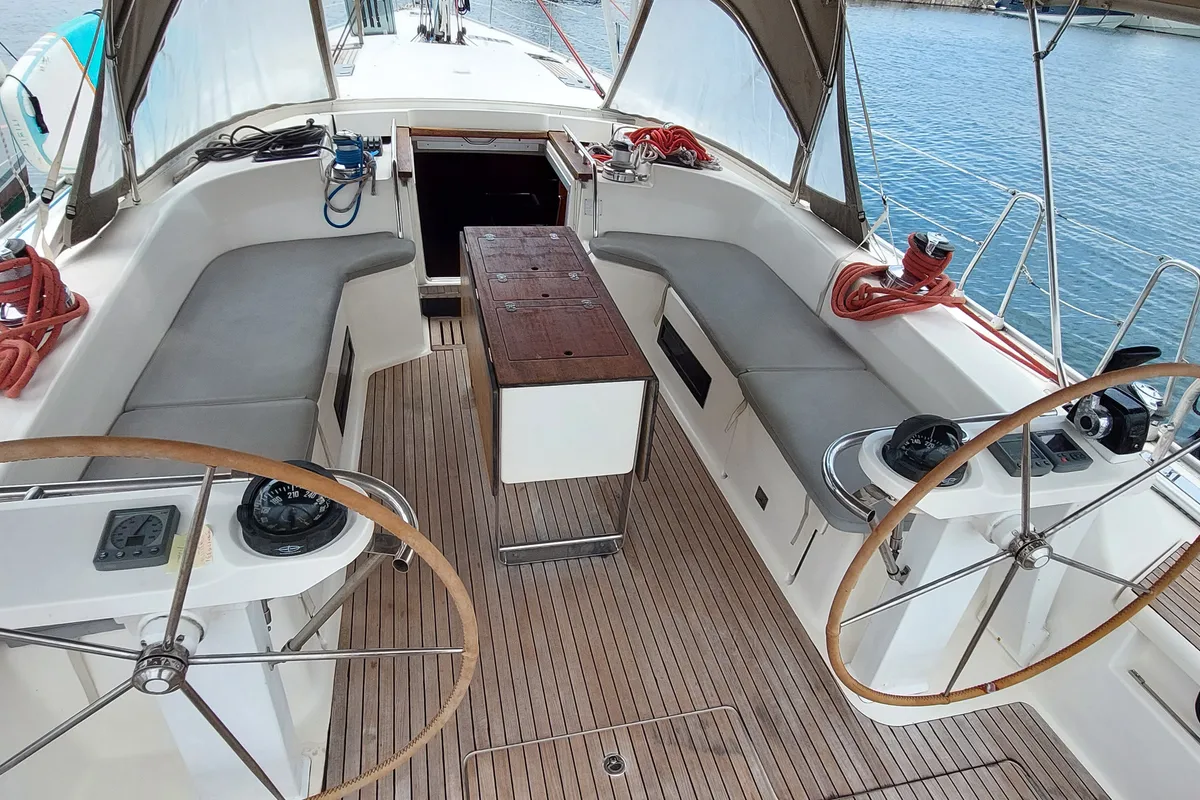 Cockpit of Little Secret, a Bavaria 55 Cruiser sailboat at Athens, Greece