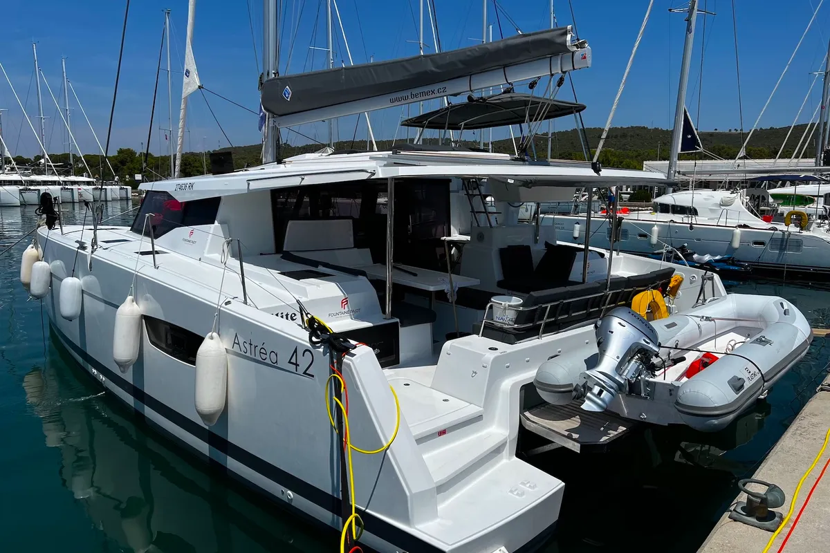 Exterior view of Elite, a Fountaine Pajot Astréa 42 catamaran at Općina Sukošan, Croatia