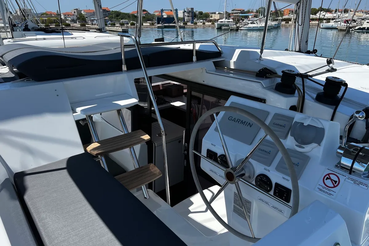 Cockpit of Elite, a Fountaine Pajot Astréa 42 catamaran at Općina Sukošan, Croatia