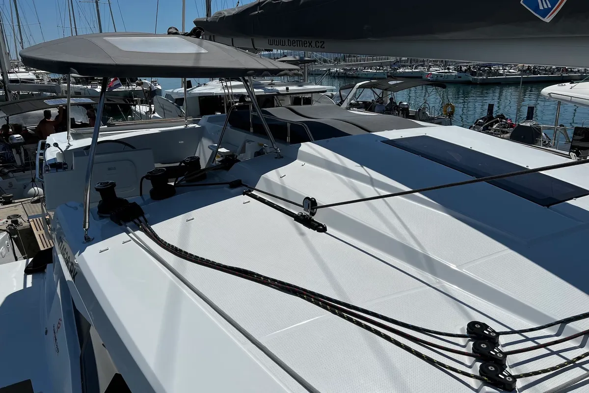 Deck of Elite, a Fountaine Pajot Astréa 42 catamaran at Općina Sukošan, Croatia