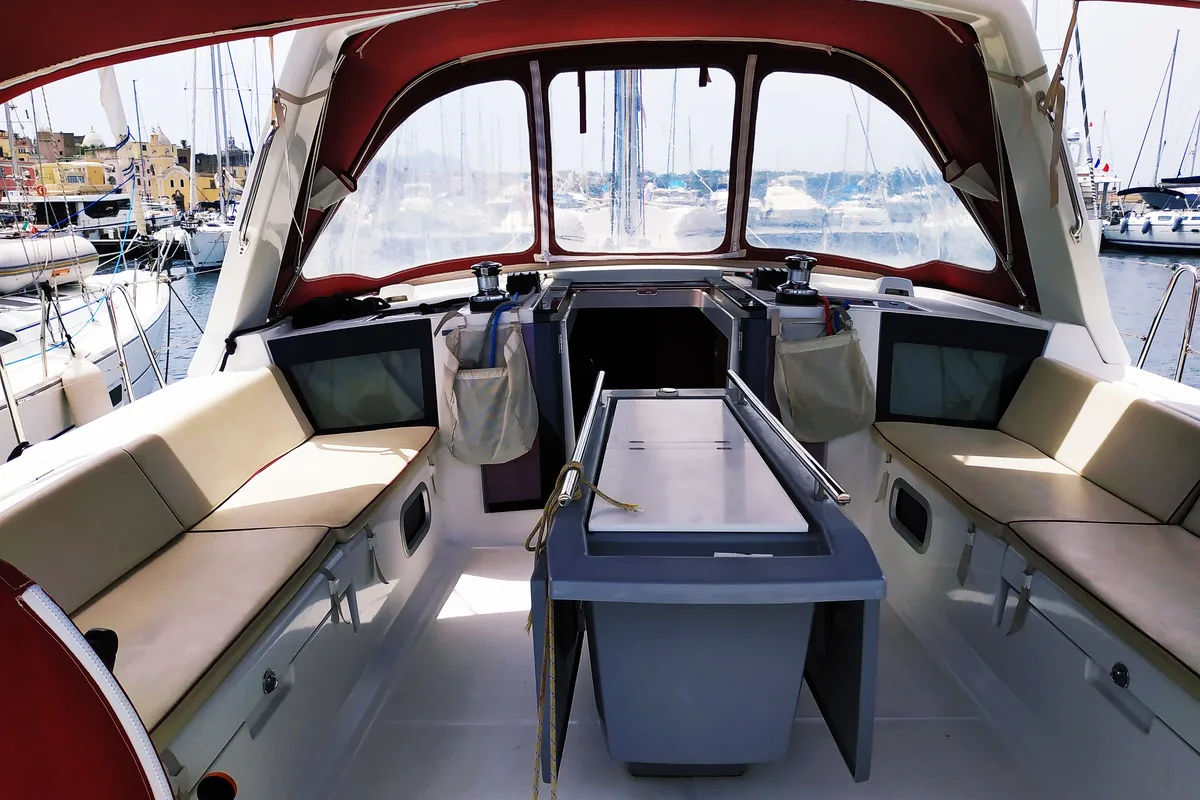 Cockpit of Aleph, a Beneteau Oceanis 45 sailboat at Procida, Italy