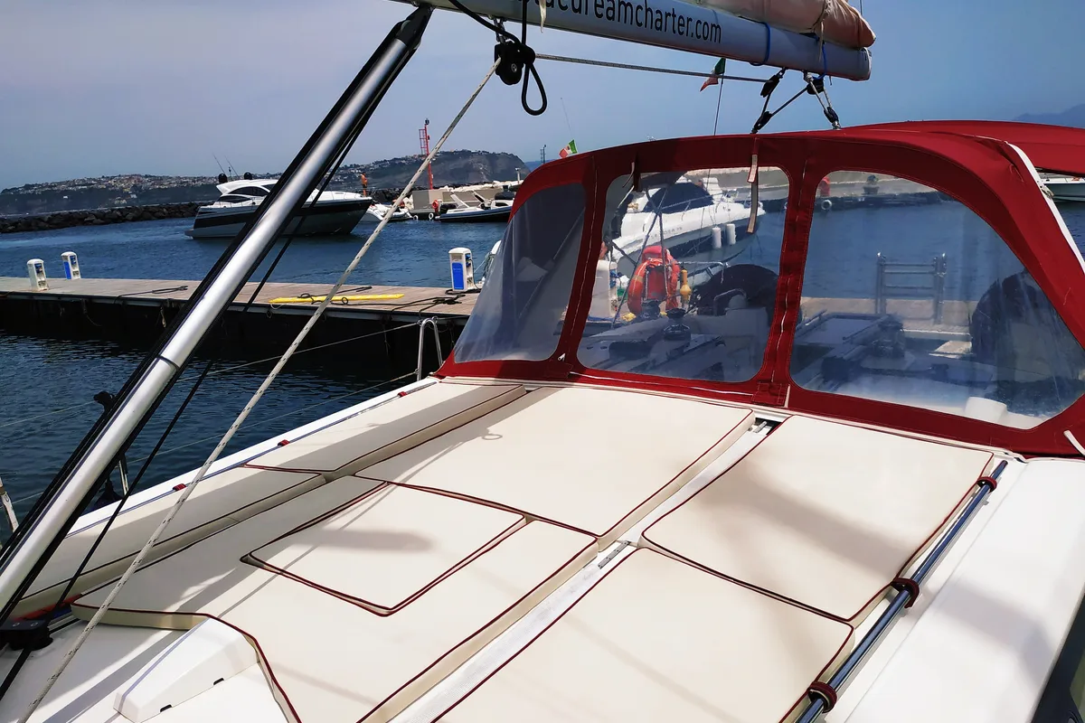 Deck of Aleph, a Beneteau Oceanis 45 sailboat at Procida, Italy