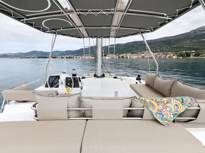 Cockpit of Azuréa, a Bali 4.6 catamaran at Seget Donji, Croatia