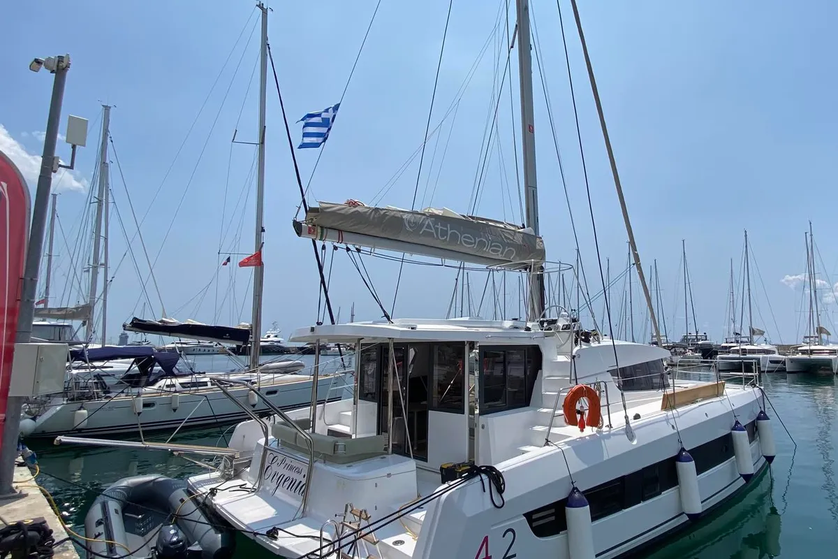 Exterior view of PRINCESS EVGENIA, a Bali 4.2 catamaran at Municipal Unit of Lefkada, Greece