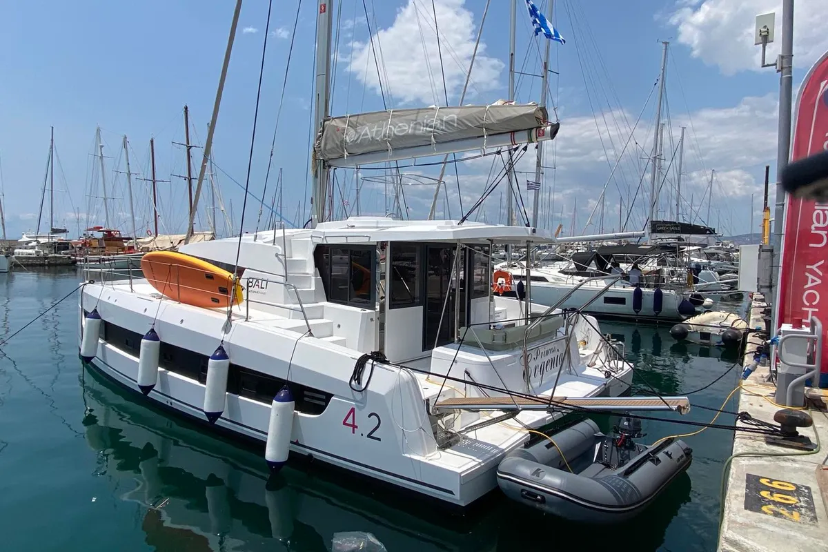 Exterior view of PRINCESS EVGENIA, a Bali 4.2 catamaran at Municipal Unit of Lefkada, Greece