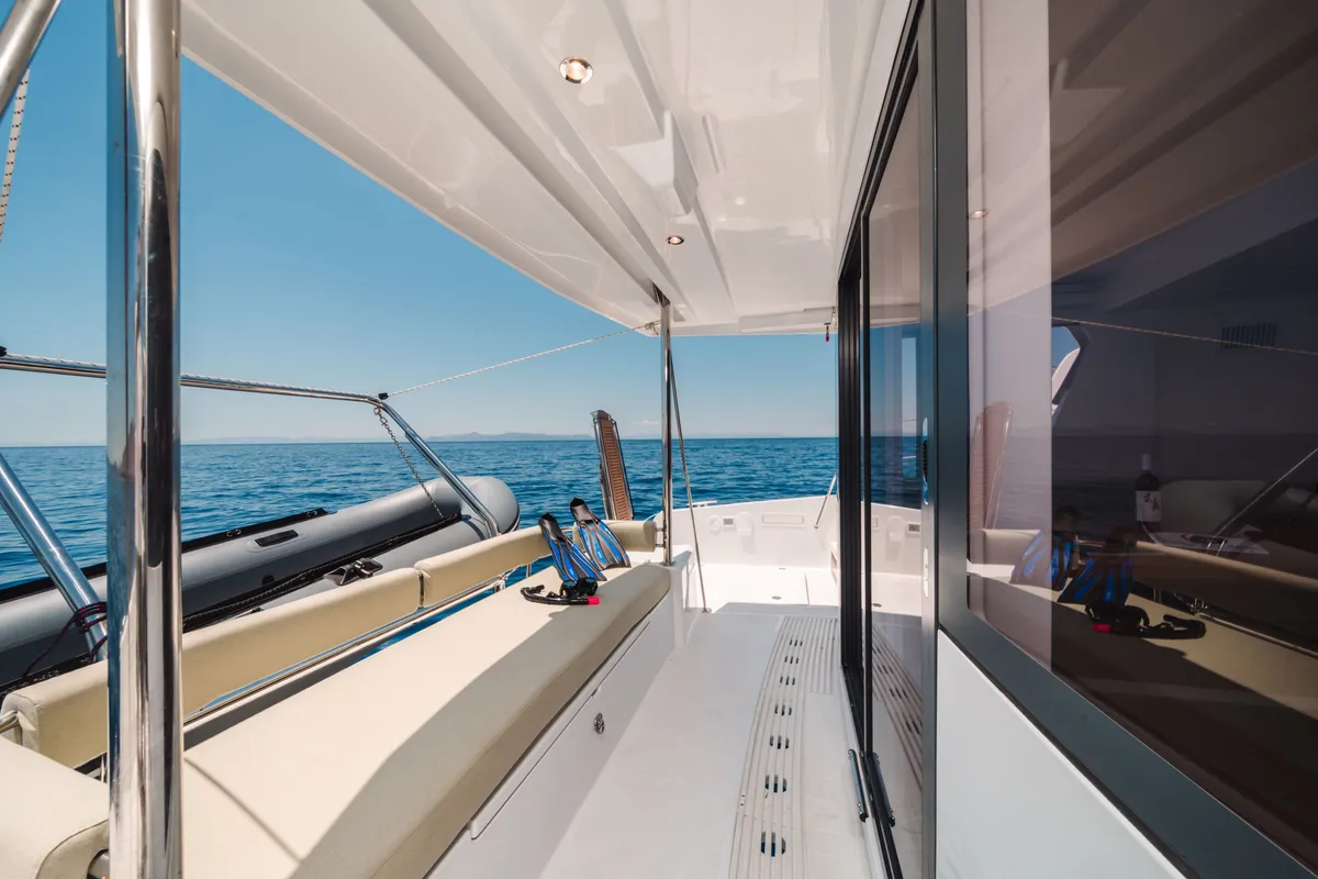 Deck of PRINCESS EVGENIA, a Bali 4.2 catamaran at Municipal Unit of Lefkada, Greece
