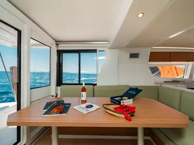 Salon of PRINCESS EVGENIA, a Bali 4.2 catamaran at Municipal Unit of Lefkada, Greece