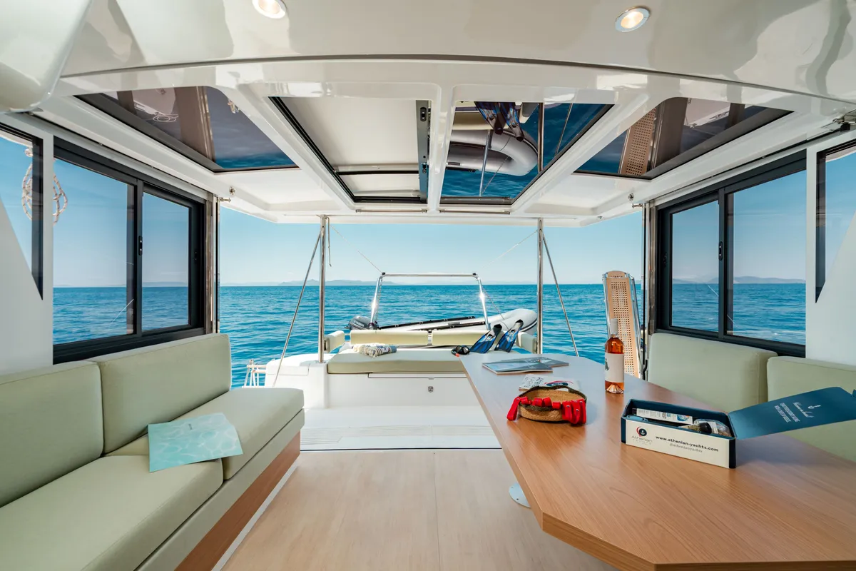 Salon of PRINCESS EVGENIA, a Bali 4.2 catamaran at Municipal Unit of Lefkada, Greece