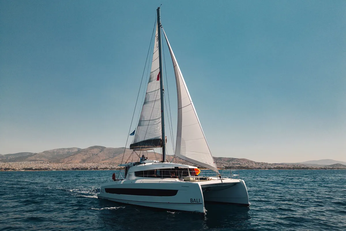 Exterior view of PRINCESS EVGENIA, a Bali 4.2 catamaran at Municipal Unit of Lefkada, Greece