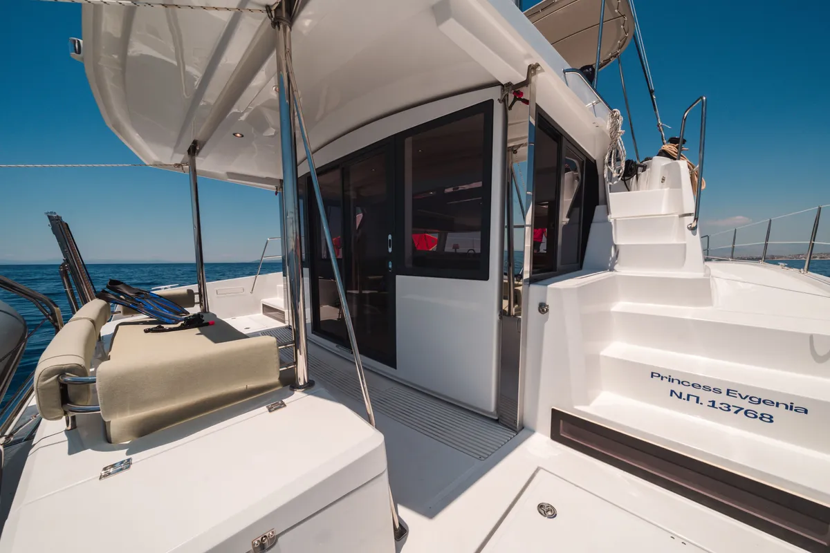 Deck of PRINCESS EVGENIA, a Bali 4.2 catamaran at Municipal Unit of Lefkada, Greece