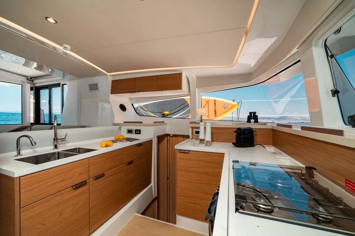 Galley of PRINCESS EVGENIA, a Bali 4.2 catamaran at Municipal Unit of Lefkada, Greece