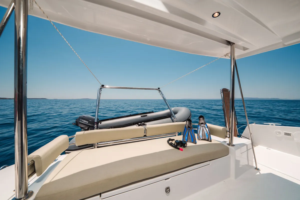 Deck of PRINCESS EVGENIA, a Bali 4.2 catamaran at Municipal Unit of Lefkada, Greece