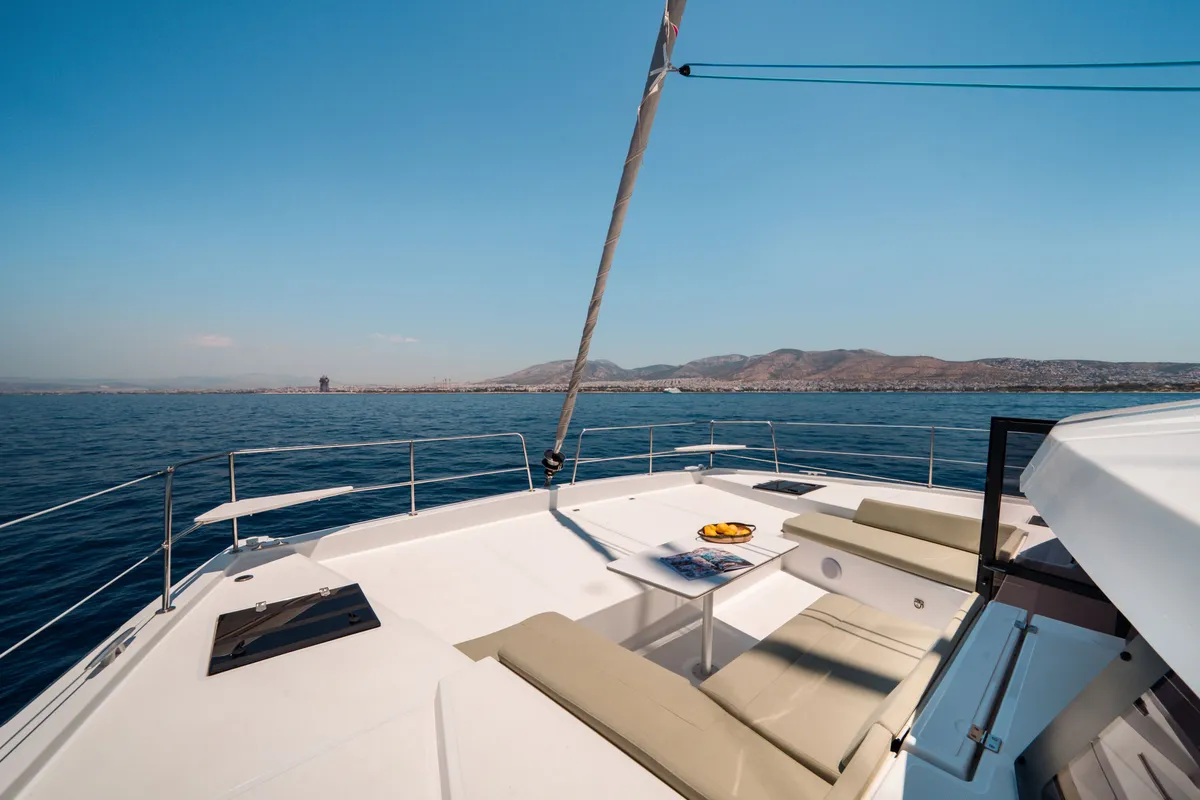 Deck of PRINCESS EVGENIA, a Bali 4.2 catamaran at Municipal Unit of Lefkada, Greece
