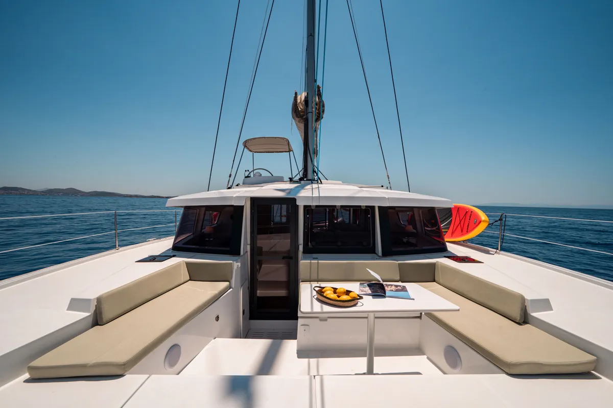 Deck of PRINCESS EVGENIA, a Bali 4.2 catamaran at Municipal Unit of Lefkada, Greece