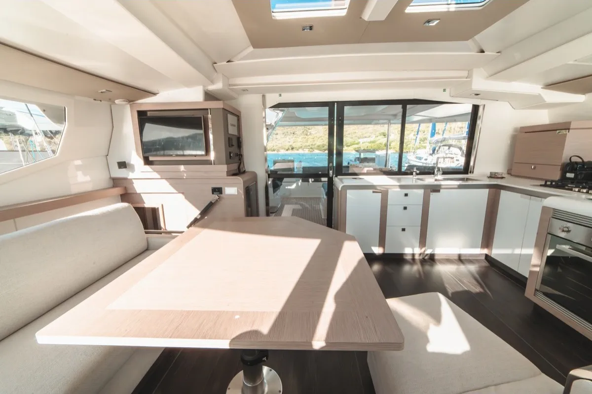 Salon of Blue Mandarin, a Fountaine Pajot Tanna 47 catamaran at Olbia, Italy