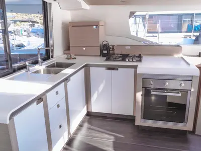 Galley of Blue Mandarin, a Fountaine Pajot Tanna 47 catamaran at Olbia, Italy