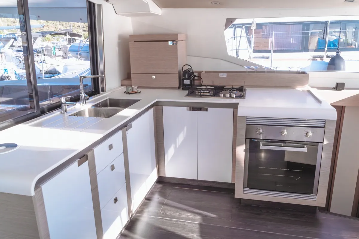Galley of Blue Mandarin, a Fountaine Pajot Tanna 47 catamaran at Olbia, Italy