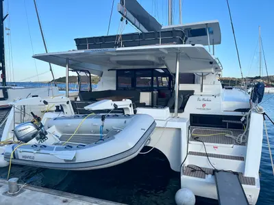 Deck of Blue Mandarin, a Fountaine Pajot Tanna 47 catamaran at Olbia, Italy