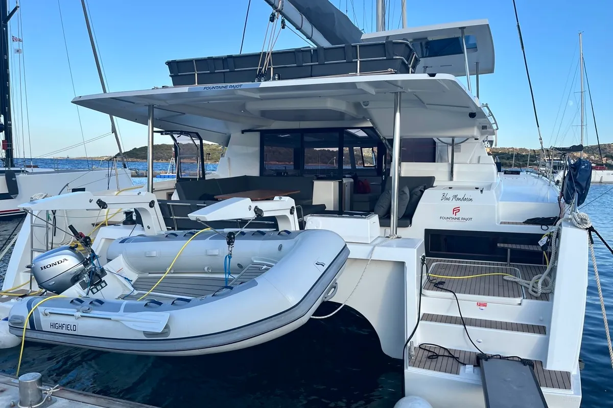 Deck of Blue Mandarin, a Fountaine Pajot Tanna 47 catamaran at Olbia, Italy