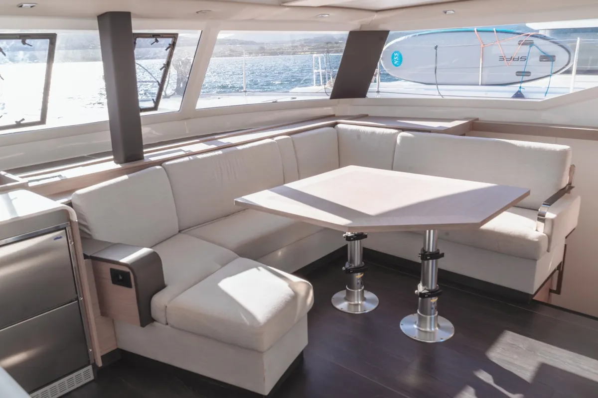 Salon of Blue Mandarin, a Fountaine Pajot Tanna 47 catamaran at Olbia, Italy