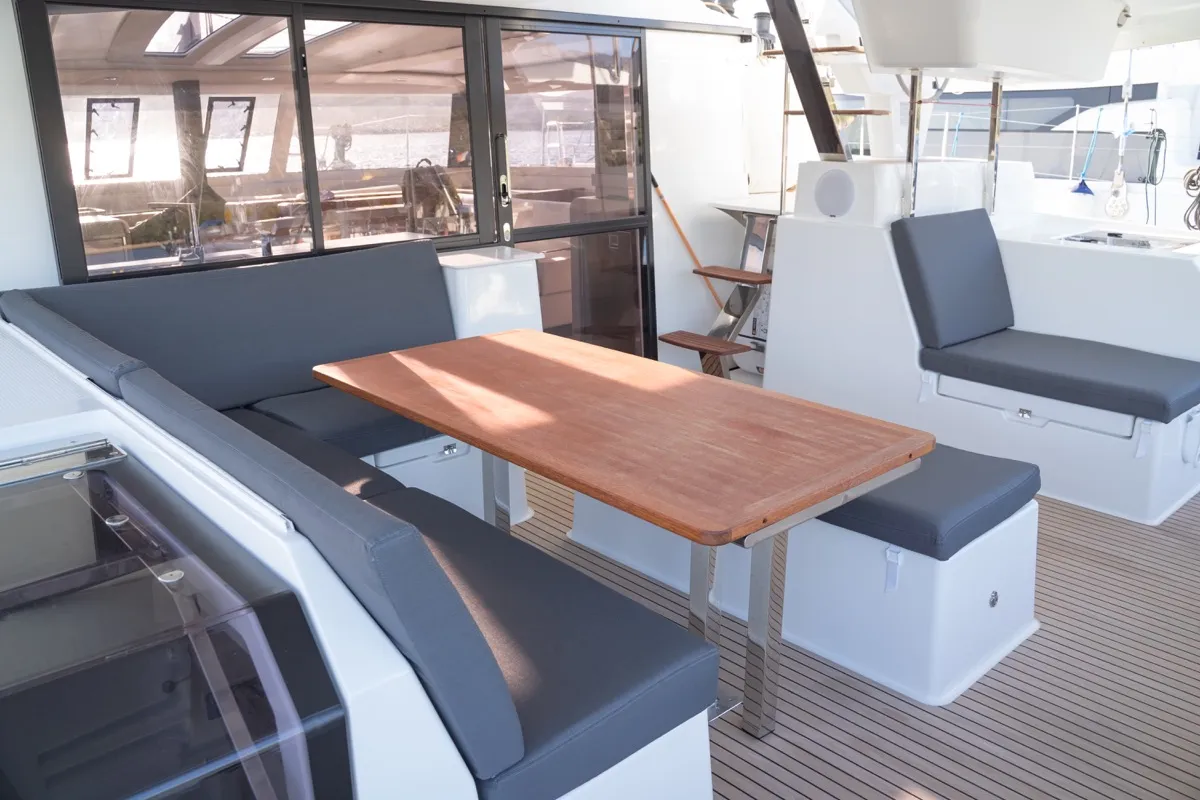 Deck of Blue Mandarin, a Fountaine Pajot Tanna 47 catamaran at Olbia, Italy
