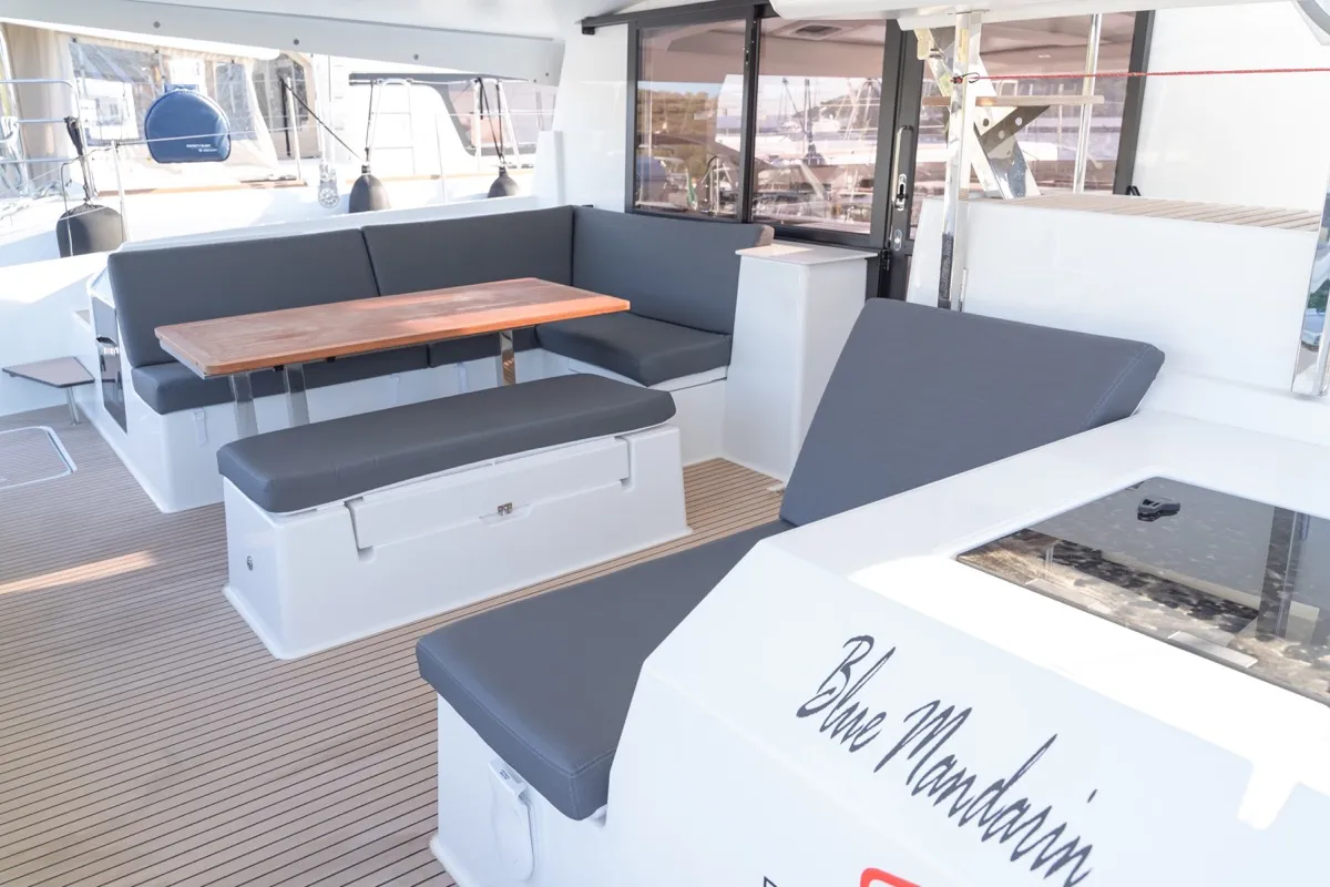 Deck of Blue Mandarin, a Fountaine Pajot Tanna 47 catamaran at Olbia, Italy