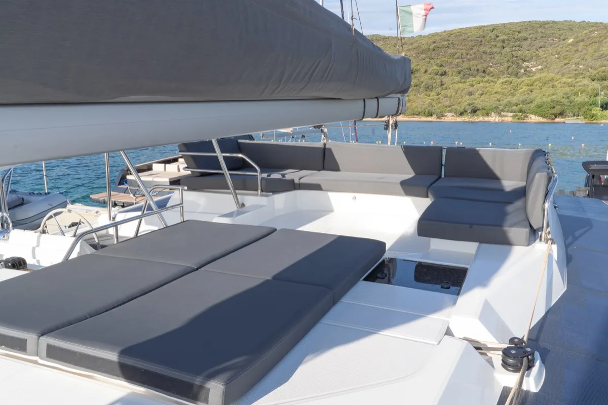 Deck of Blue Mandarin, a Fountaine Pajot Tanna 47 catamaran at Olbia, Italy