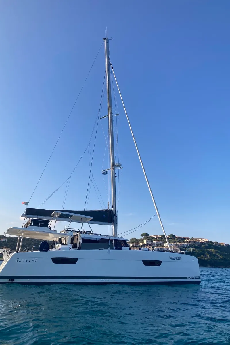 Exterior view of Blue Mandarin, a Fountaine Pajot Tanna 47 catamaran at Olbia, Italy