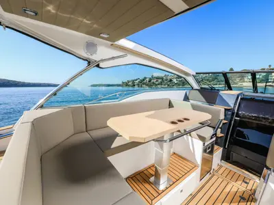 Deck of Mačka Monika, a Flipper 900 ST motor yacht at Pirovac, Croatia
