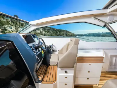 Cockpit of Mačka Monika, a Flipper 900 ST motor yacht at Pirovac, Croatia